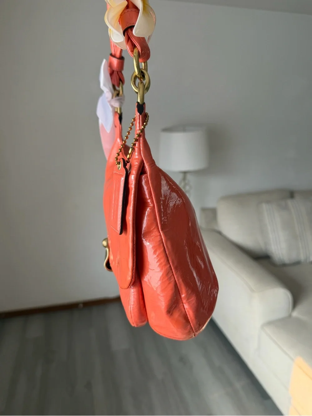 Coach Coral Orange Patent Leather Shoulder Bag with Gold Hardware